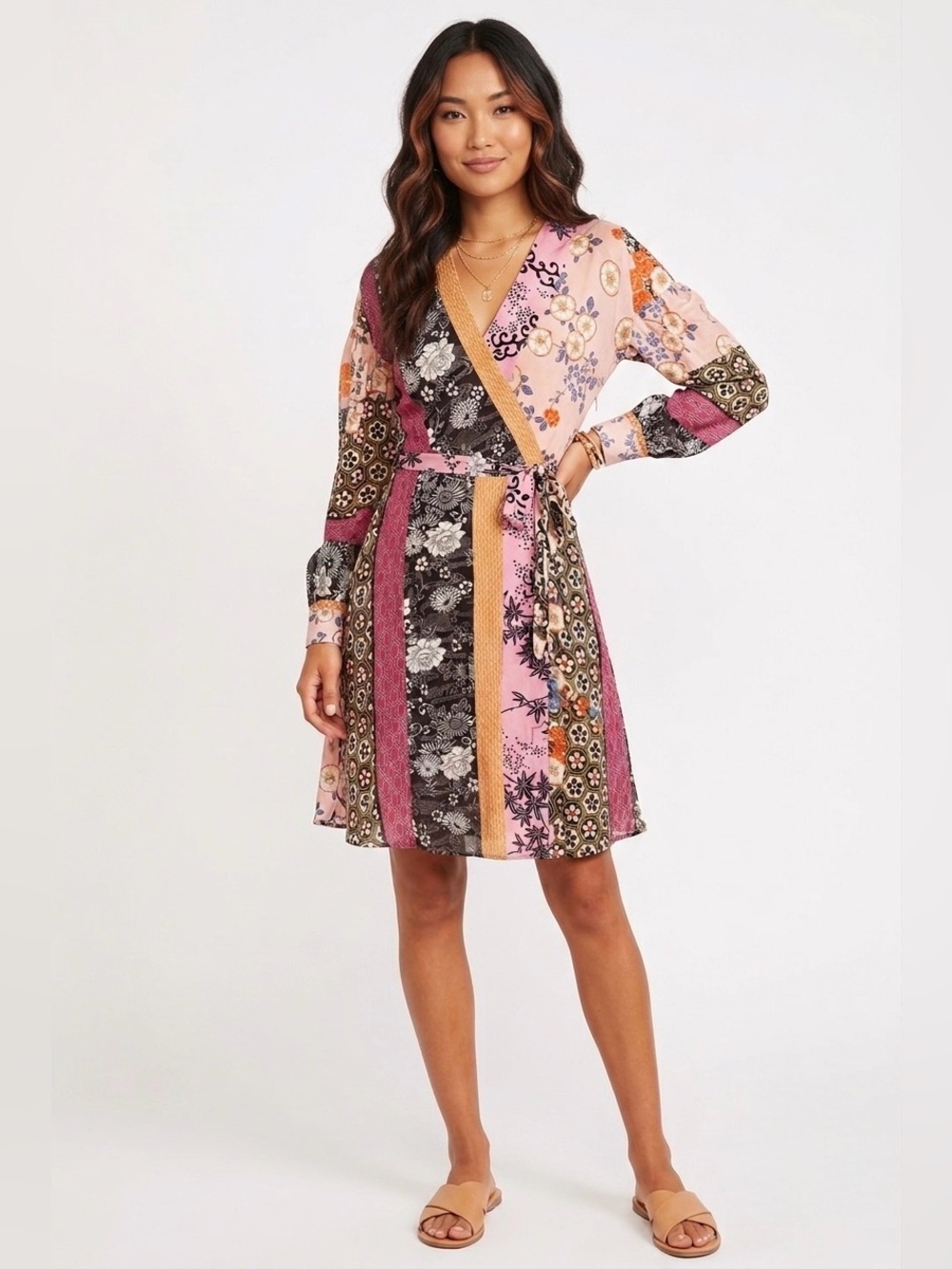 Pinko Mixed-Print Wrap Dress in Pink, Black & Mustard 2